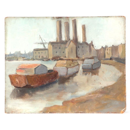 173 - 20th century school - Industrial River Scene with Factory in the Background - oil on board, unframed... 