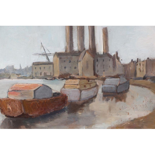 173 - 20th century school - Industrial River Scene with Factory in the Background - oil on board, unframed... 