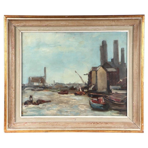 175 - 20th century school - Industrial River Scene with Factory and Boats - oil on board, framed & gla... 