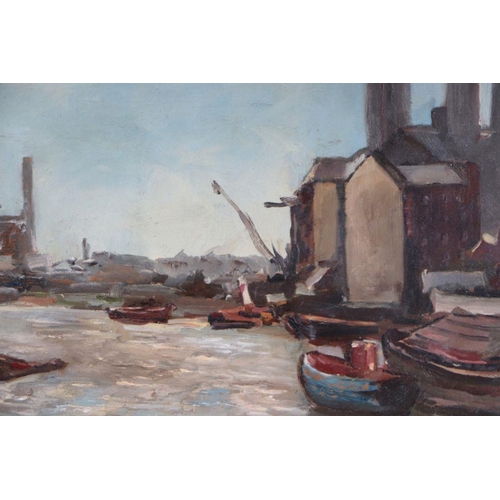 175 - 20th century school - Industrial River Scene with Factory and Boats - oil on board, framed & gla... 