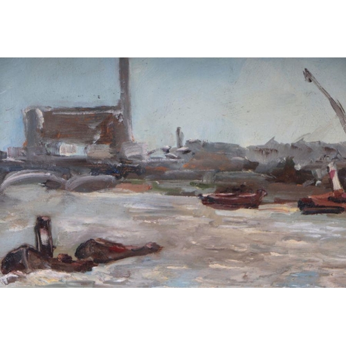 175 - 20th century school - Industrial River Scene with Factory and Boats - oil on board, framed & gla... 