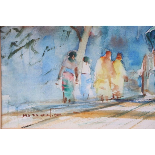 180 - Hia Tin Htiin (Burmese school) - Figures on a Road by a Temple - signed & dated '96' lower left,... 