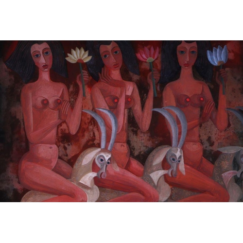 186 - Joze Ciuha (Slovenian 1924-205) - Study of Three Female Nudes Riding Horned Goats - signed upper rig... 