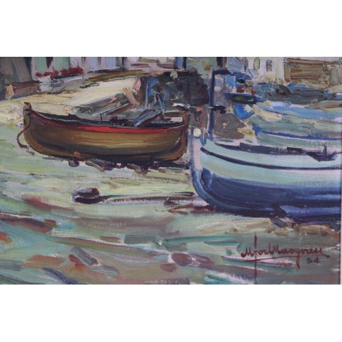 197 - Mid 20th century school - Harbour Scene - indistinctly signed & dated '54 lower right, oil on ca... 