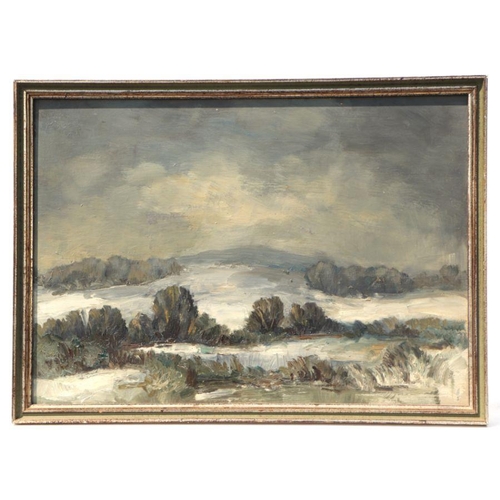 199 - 20th century school - Nocturnal Snowy Moorland Scene - oil on board, framed, 35 by 25cms.