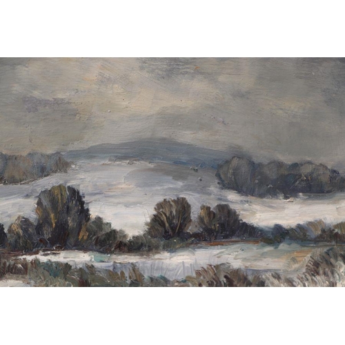 199 - 20th century school - Nocturnal Snowy Moorland Scene - oil on board, framed, 35 by 25cms.