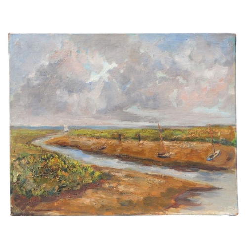 200 - J H Tracy ? (20th century British) - Estuary at Low Tide - signed lower right, oil on canvas, unfram... 