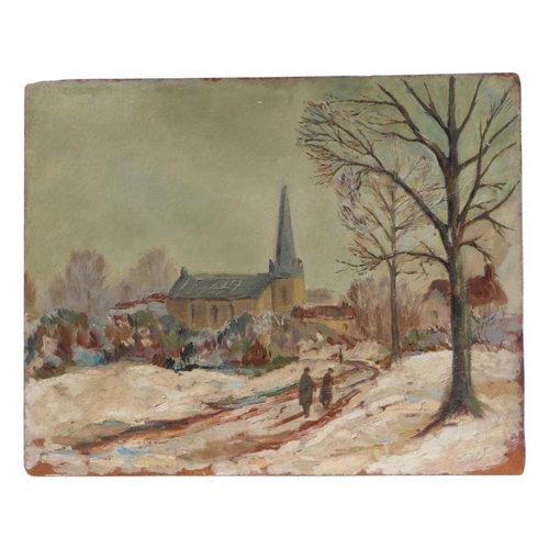 201 - Early 20th century school - Snowy Landscape with Figures on a Path and Church in the Background - oi... 