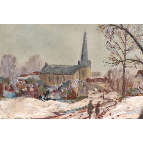 201 - Early 20th century school - Snowy Landscape with Figures on a Path and Church in the Background - oi... 