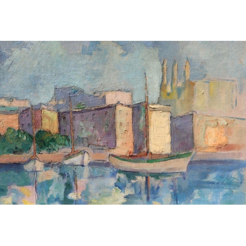 202 - 20th century continental school - Boats in a Harbour - oil on canvas laid on board, unframed, 50 by ... 