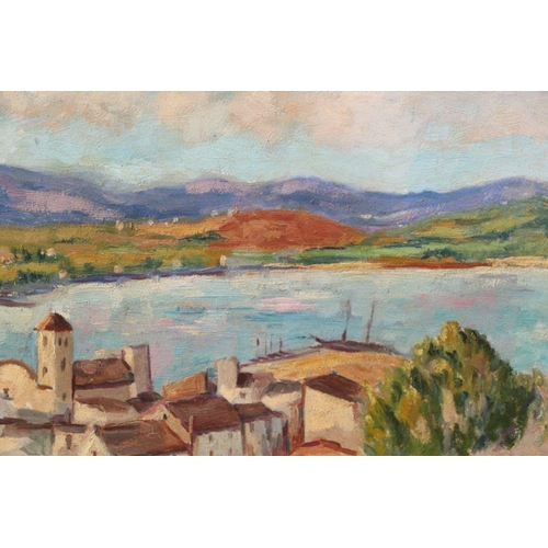 203 - 20th century continental school - Lakeside Town Scene with Mountains in the Background - oil on boar... 