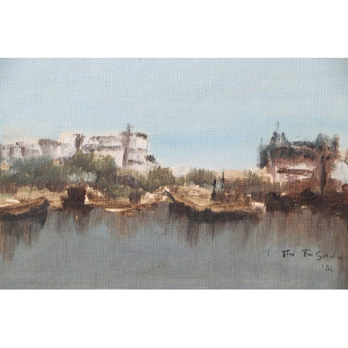 207 - Burmese school - Harbour Scene - indistinctly signed and dated lower right, oil on board, framed, 19... 