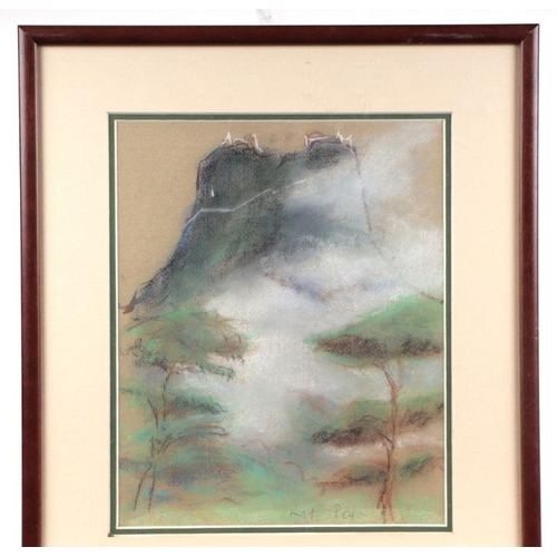 208 - (Burmese school) - Mountainous Landscape Scene, Mount Popa - signed lower right, pastel, framed & gl... 