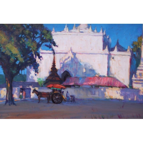 220 - Burmese School - Town Square Scene with Temple in the Background and Donkey and Cart in the Foregrou... 