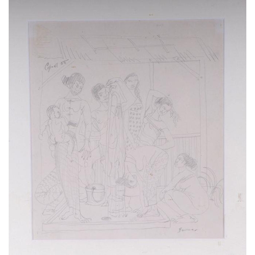 221 - 20th century Burmese school - Burmese Market Scene - pencil sketch, indistinctly signed & dated ... 