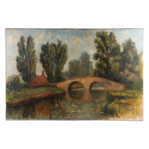 224 - Early 20th century continental School - River Scene with a Bridge in the Distance - oil on canvas, u... 