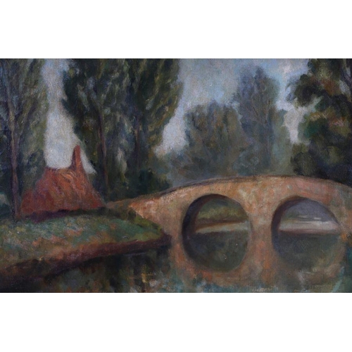 224 - Early 20th century continental School - River Scene with a Bridge in the Distance - oil on canvas, u... 