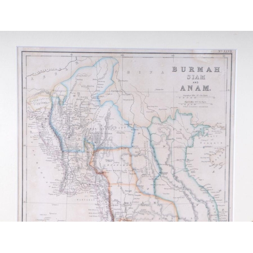 24 - Weller (Edward) a hand coloured map of Burmah, Siam and Amman, framed & glazed, 26 by 35cms.