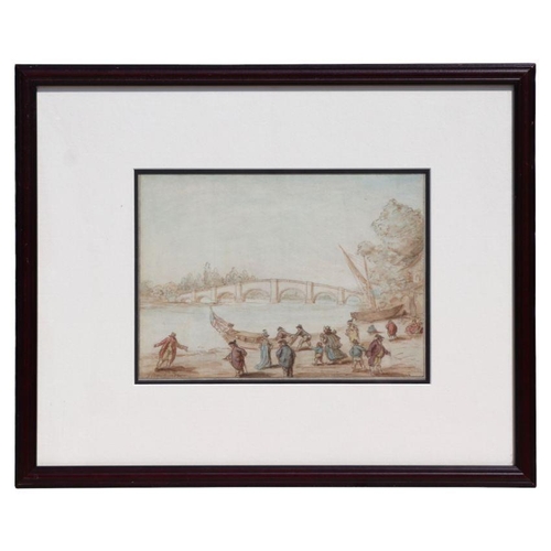 255 - Thomas Rowlandson (1756-1827)  -The River Thames at Richmond with a Bridge in the Distance and Peopl... 