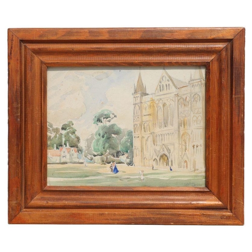 256 - 19th century English School - Study of Salisbury Cathedral with Figures in the Foreground - watercol... 