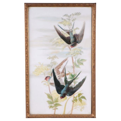 257 - A pair of late 19th century paintings on milk glass panels depicting swallows, framed and glazed, 28... 