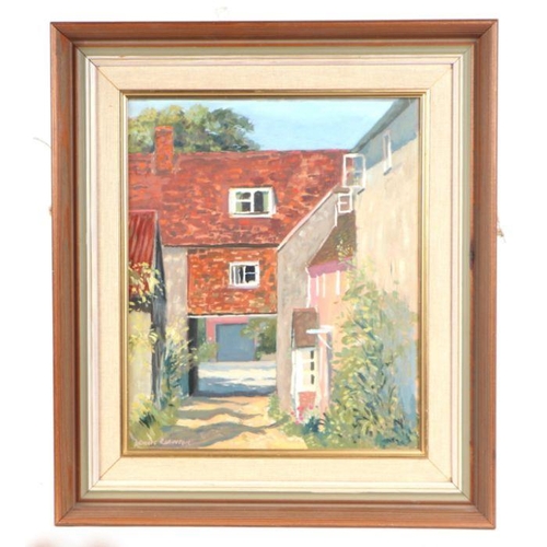 258 - Dennis Robinson (modern British) - Courtyard Scene - signed lower left, oil on board, framed, 25 by ... 