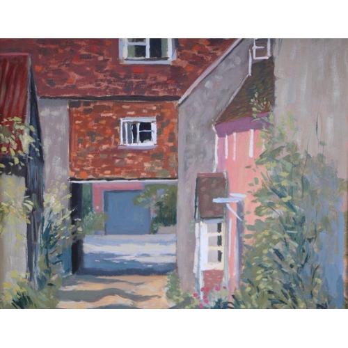 258 - Dennis Robinson (modern British) - Courtyard Scene - signed lower left, oil on board, framed, 25 by ... 