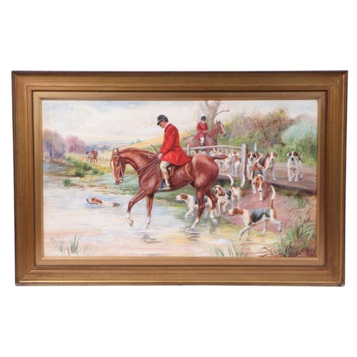 263 - Nora Drummond ( 1862-1949) - Fox Hunting Scene with Riders and Hounds Crossing a River - signed lowe... 