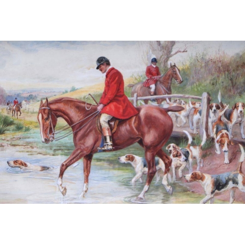 263 - Nora Drummond ( 1862-1949) - Fox Hunting Scene with Riders and Hounds Crossing a River - signed lowe... 