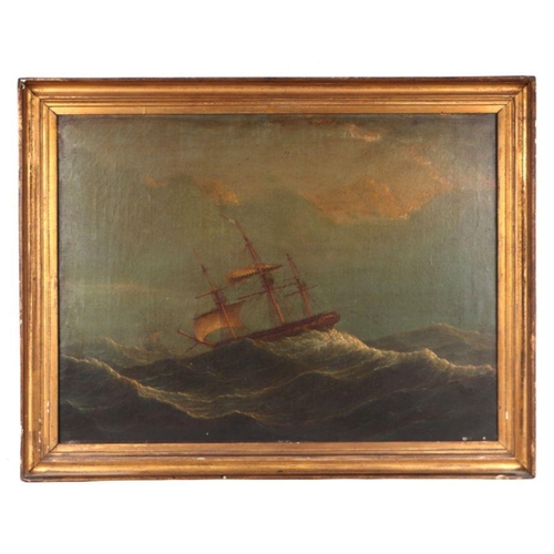 266 - Victorian school - Three Masted Sailing Ship in Rough Seas - oil on canvas, framed, 59cm by 45cm.