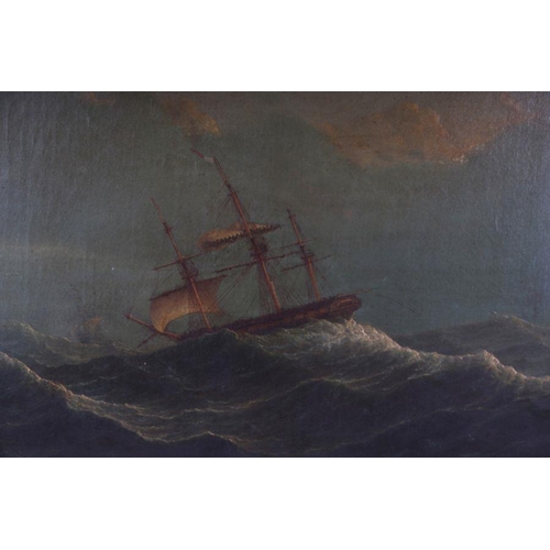 266 - Victorian school - Three Masted Sailing Ship in Rough Seas - oil on canvas, framed, 59cm by 45cm.