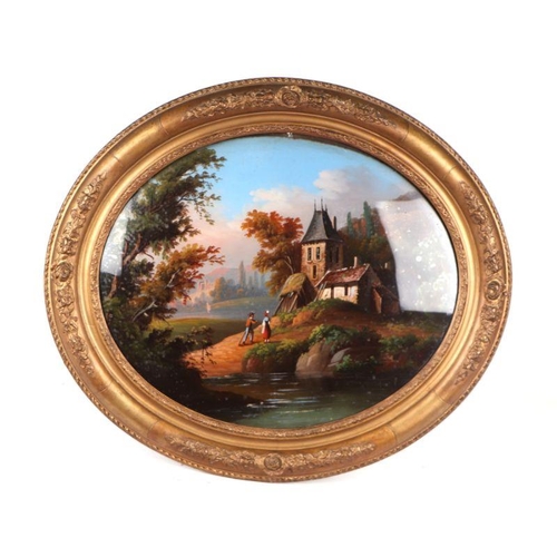 267 - Continental school - Figures by a Pond - an oval, reverse painting on glass, framed, 44cm by 36cm.