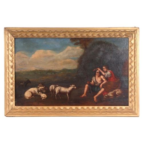 268 - 18th / 19th century school - A Shepherd and his Flock - oil on oak panel, framed, 38cm by 23cm.