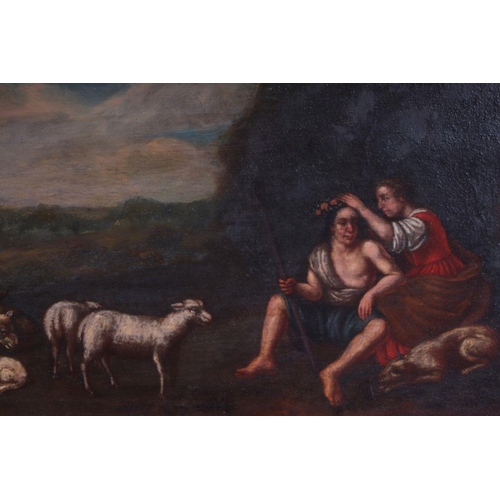 268 - 18th / 19th century school - A Shepherd and his Flock - oil on oak panel, framed, 38cm by 23cm.