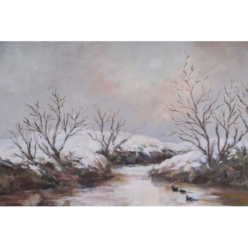 273 - De Brett (modern British) - Winter River Scene - oil on canvas, 61cm by 46cm.