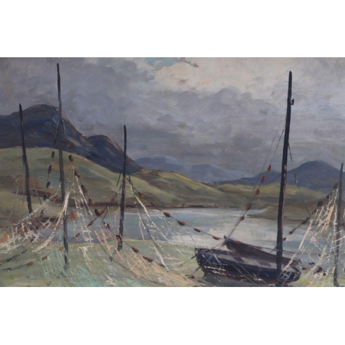 274 - De Brett (modern British) - Fisherman's Nets Drying - oil on board, framed, 59cm by 45cm.