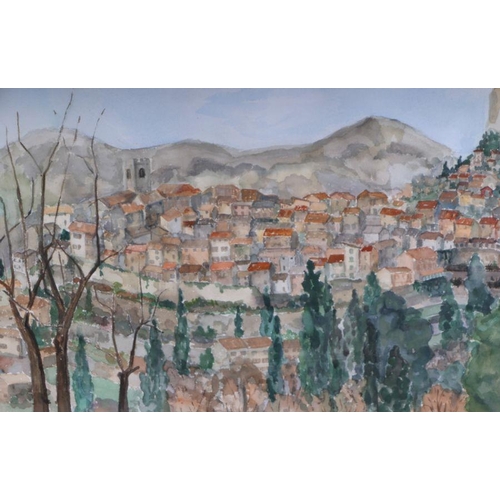 276 - Continental  school - Hillside Town Scene - watercolour, framed and glazed, 73cm by 53cm.