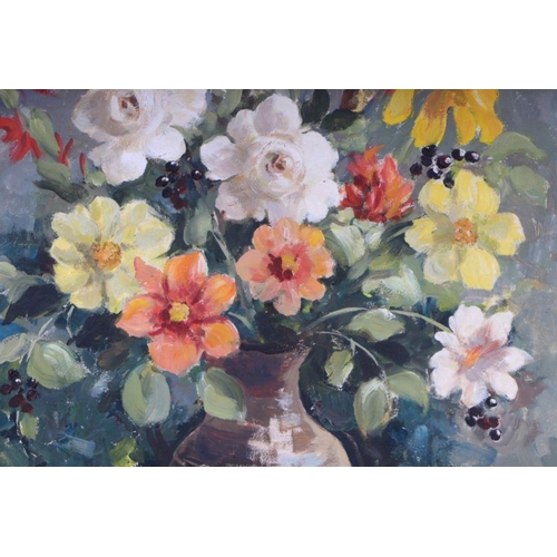 277 - De Brett (modern British) - Still Life Flowers in a Vase - oil on board, framed, 49cm by 60cm.