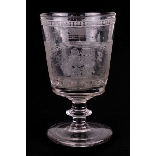 291 - An early 19th century Sunderland Bridge glass rummer, the bucket shaped bowl engraved with the title... 