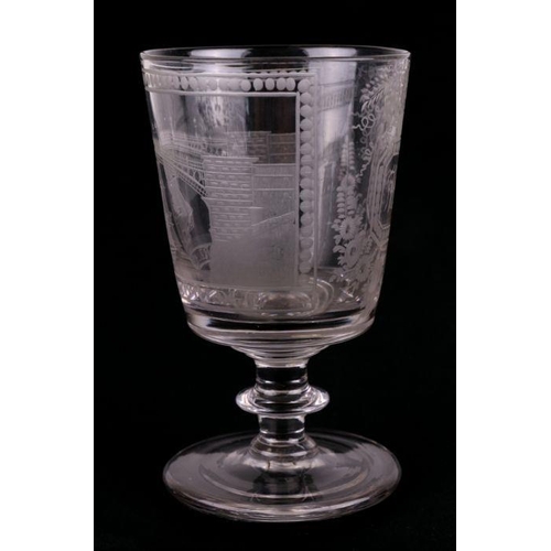 291 - An early 19th century Sunderland Bridge glass rummer, the bucket shaped bowl engraved with the title... 