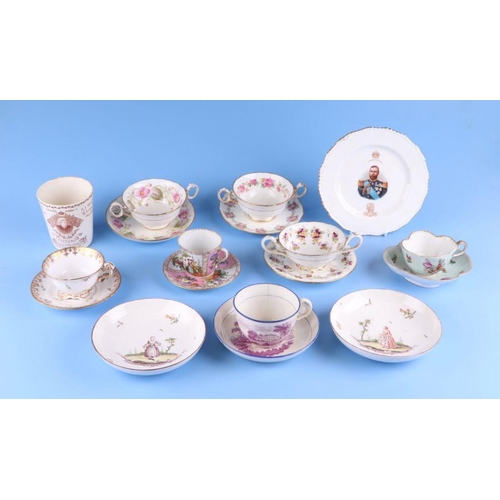 320 - A group of cabinet cups and saucers to include Dresden, continental figures to include a Meissen typ... 