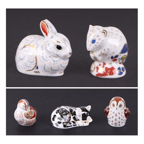 359 - A group of Royal Crown Derby Collectors Guild paperweights, Owlet, Bunny, Derby Dormouse, Misty and ... 