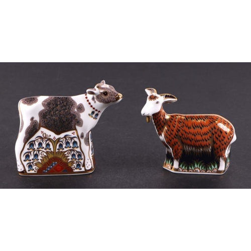 395 - A group of Royal Crown Derby paperweights, Bluebell Calf; Spotty Pig, limited edition; and Nanny Goa... 