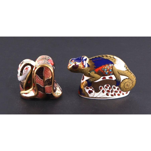 416 - A group of Royal Crown Derby paperweights, Old Imari Snake, Snake, Chameleon and Dragon, all with st... 