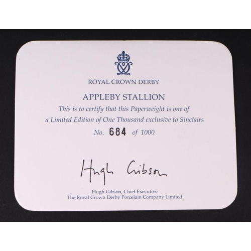 480 - A Royal Crown Derby paperweight, Sinclair's Appleby Stallion, limited edition 684/1000, with gold st... 