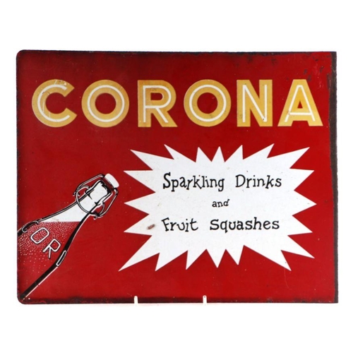 559 - A Corona Sparkling Drinks and Fruit Squashes double sided pictorial enamel sign, 36 by 28cms.