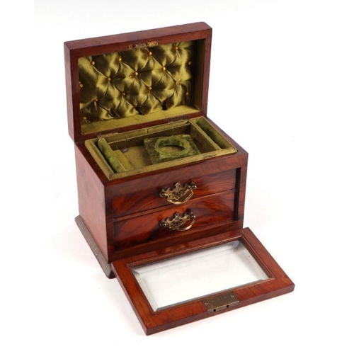 560 - A Victorian figured walnut jewellery box, the lift-up lid enclosing a fitted interior with fall-flap... 