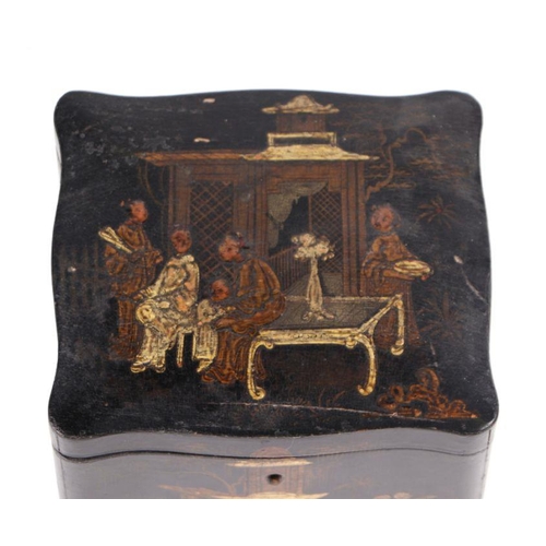 589 - A 19th century chinoiserie tea caddy of shaped rectangular form, decorated with figures and building... 