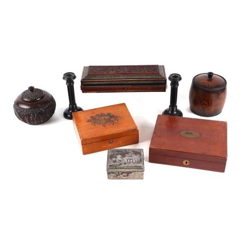 601 - A sadeli micromosaic glove box; together with a pair of ebony candle sticks and matching dressing ta... 