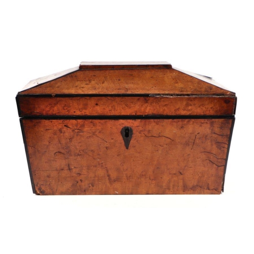 612 - A 19th century burr walnut tea caddy of sarcophagus form with ebony strung inlay, lacking interior, ... 